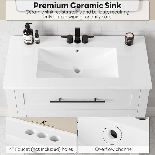 LIKIMIO 36" Bathroom Vanity with Sink, 2 Drawers & Open Shelf, White | Freestanding Bathroom Vanity, Integrated Ceramic Sink, U-Shaped Drawers, Modern Bathroom Storage Cabinet, Easy Assembly