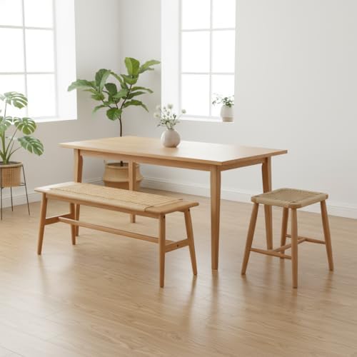 100% Solid Oak Wood Dining Bench, Hand Woven Dining Bench with Trapezoid Leg, Boho Otoman Footrest for Living Room Kitchen Entryway
