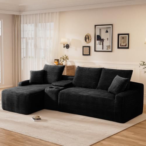 95" L Shaped Cloud Couch Modular Sectional Sofa, Comfy Fluffy Corduroy Black Boneless Sectional Couches for Living Room, Modern Cloud Sofas with Cup Holders & Left Facing Chaise, Black