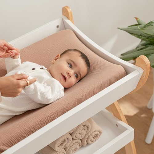 Comfy Cubs Baby Changing Table - Baby Change Table, Natural Wood White Bar