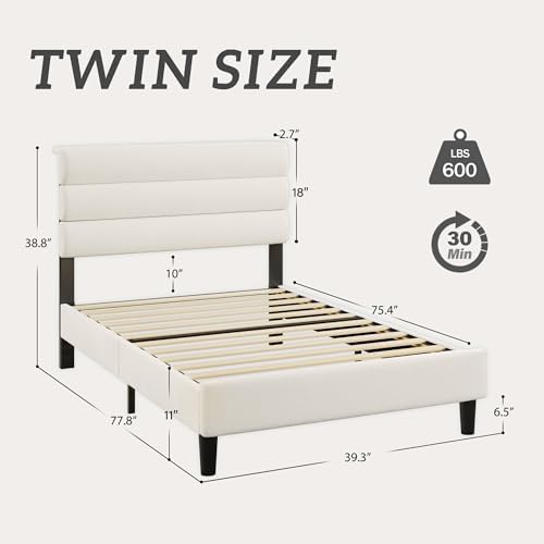 Fluest Twin Bed Frame, Platform Bed Frame with Velvet Upholstered Headboard, No Box Spring Needed, Sturdy Metal Support, Noise Free, Easy Assembly, Modern Bedroom Furniture, Beige