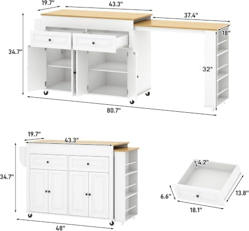 80"-48" Extendable Kitchen Island with Extended Dining Table and Power Outlet,Large Mobile Kitchen Storage Islands with 2 Storage Drawers,Rolling Islands Cart with 3 Extra Rows Open Shelves(White)