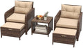 LHBcraft 5 Piece Patio Furniture Set, PE Wicker Outdoor Furniture Set with Soft Cushions & Coffee Table, Outdoor Lounge Chairs with Ottoman for Porch, Lawn, Balcony, Coffee-Beige