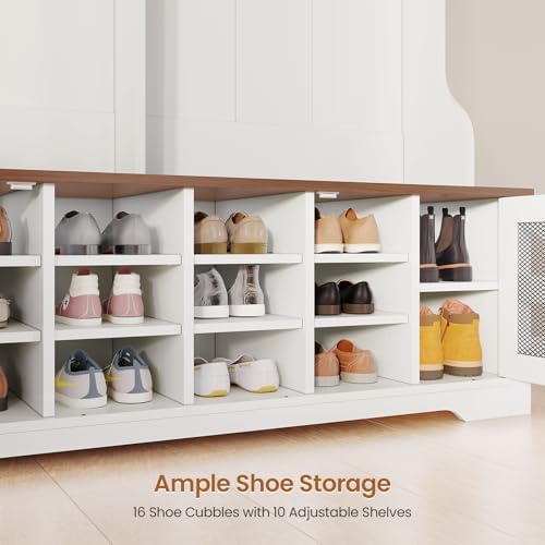 Itaar Hall Tree with Bench and Shoe Storage, 5-in-1 Entryway Bench with Coat Rack, 16 Shoe Cubbies & 12 Coat Hooks, Barn Door & Adjustable Shelf (White)