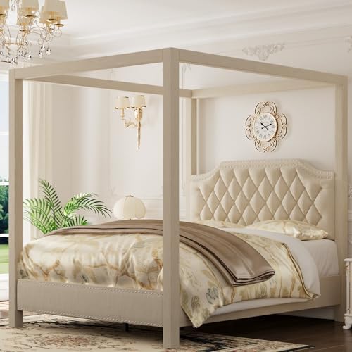 GarveeHome Upholstered Canopy Bed Full Size with Button Tufted Headboard