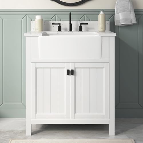 30 Inch White Bathroom Vanity with Sink, Solid Wood | Farmhouse Pre Assembled Vanity Bathroom with Soft Closing Doors, Vanity for Bathroom, Apron Farm Sink