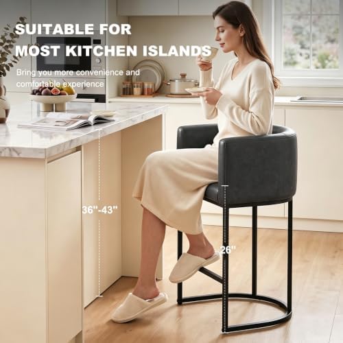 26" H Counter Height Bar Stools Set of 3, Modern Barrel Counter Stools with Backrest and Arms, Faux Leather Upholstered Accent Barstools for Kitchen Island,Support 450 LBS (Black)