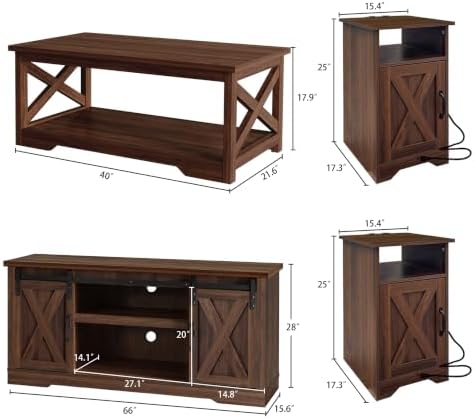 WERSMT 4 Piece Farmhouse Table Set with 66" TV Stand, Walnut