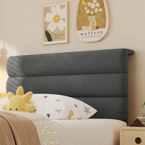Fluest Twin Bed Frame, Platform Bed Frame with Velvet Upholstered Headboard, No Box Spring Needed, Sturdy Metal Support, Noise Free, Easy Assembly, Modern Bedroom Furniture, Grey
