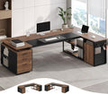 78" Executive Desk with Lockable File Cabinet, L Shaped Office Desk with Power Outlets, Large Executive Desk with Drawers and Storage Shelves , Reversible Computer Desk with Privacy Screen, Walnut