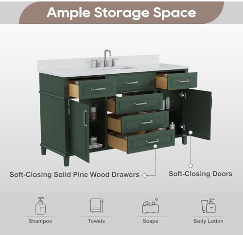 60 Inch Bathroom Vanity Single Sink, Solid Wood, Green | Pre Assembled Freestanding Bathroom Vanities with with 2 Soft Close Doors & 5 Dovetail Drawers, 0.78" Stone Top, Backsplash