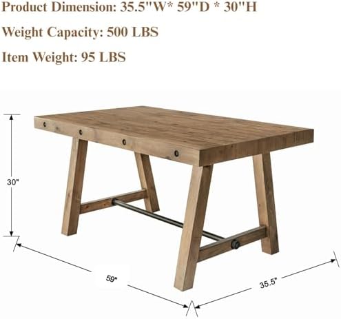 Rustic Dining Table for 4-6 People, 59" Farmhouse Rectangular Kitchen Table, Reclaimed Solid Wood Dining Room Table with Trestle Base for Kitchen/Dining Room, Home Office, Rustic Brown