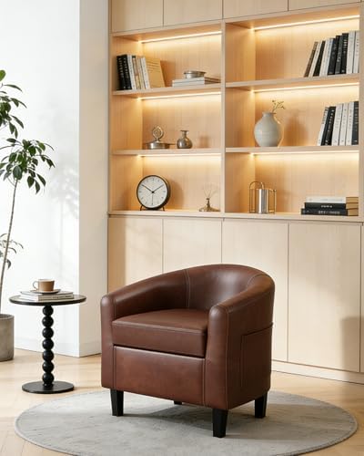 GarveeHome Accent Chair Faux Leather Barrel Chairs Club Armchair with Soft Seat for Living Room Bedroom Reading Waiting Room - Brown