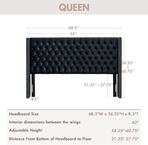Madison Park Queen Wingback Upholstered Tufted Headboard, Featuring High-Density Sponge Padding, Adjustable Height Headboard, Easy Assembly, Black Velvet
