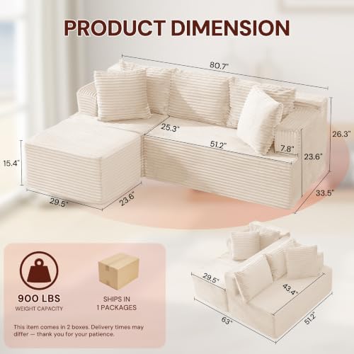 Korser Boneless Couches for Living Room, Cloud Couch Sectional with Ottoman, L-Shaped Sofa with Fluffy Comfy Corduroy Deep Seat, Bedroom, Apartment, No Assembly Required