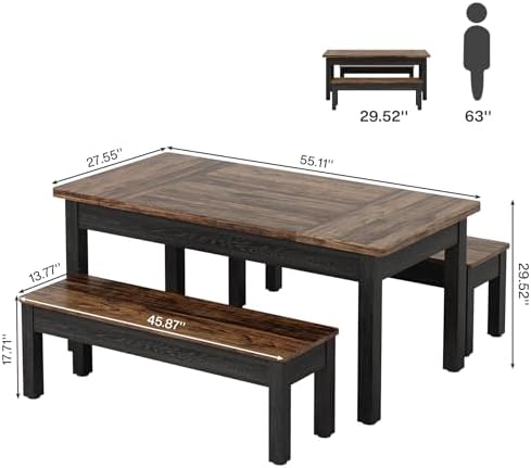 Tribesigns Farmhouse Kitchen Table Set for 4-6, 55-Inch Wooden Dining Table with 2 Benches, Space Saving 3 Pieces Heavy Duty Dinette for Dining Room, Kitchen, Small Space (Black-Brown)