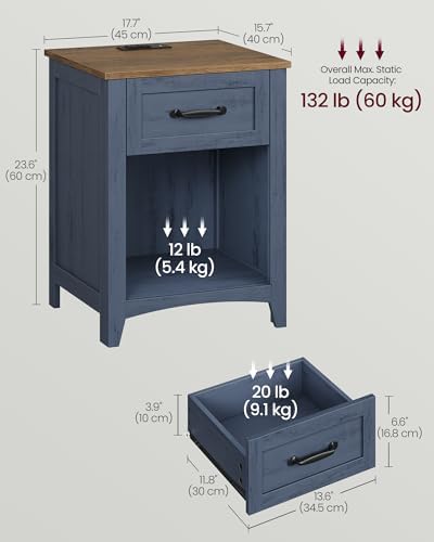 VASAGLE Farmhouse Nightstand with Charging Station, 1 Drawer