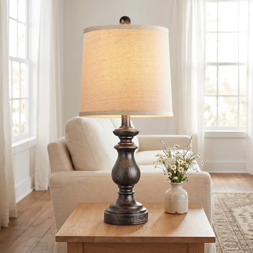 PARTPHONER Traditional Table Lamp Set of 2, Rustic Farmhouse Table Lamps for Living Room Bedroom, 22" Bedside Desk Lamps Vintage Nightstand Lamps with Linen Shades, Oil Rubbed Bronze