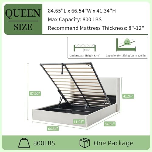 Queen Lift Up Storage Bed, Corduroy Platform Bed with Headboard, Cream