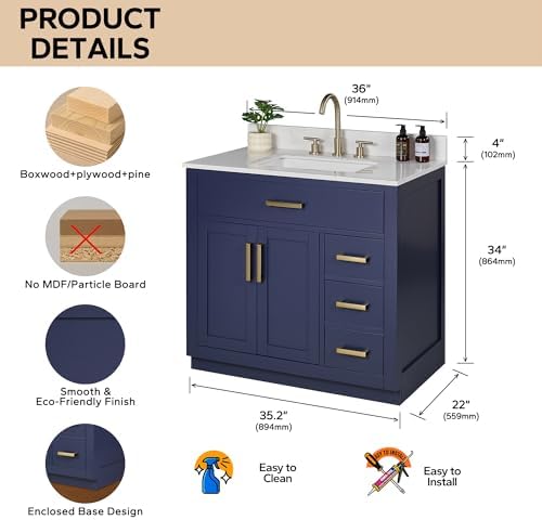 36-inch Bathroom Vanity with Sink, Solid Wood, 0.79-inch Stone Countertop and Backsplash, 4 Drawers, 2 Soft Closing Doors -Royal Blue