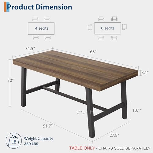 Garvee 63" 6 Person Dining Table, Industrial Kitchen Table, Brown