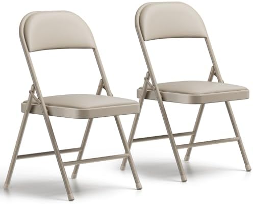 Folding Chairs 2 Pack, PU Leather Padded Folding Chairs for Outside and Indoor, Heavy Duty Portable Foldable Metal Commercial Seat for Home Office, Dorm, Party, Backyard, Lawn, Patio, Khaki