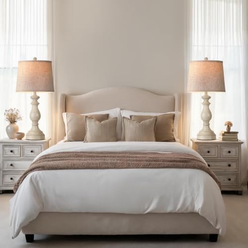 PARTPHONER Traditional Table Lamp Set of 2, Rustic Farmhouse Table Lamps for Living Room Bedroom, 27" Bedside Desk Lamps Vintage Nightstand Lamps with Linen Shades, Antique White