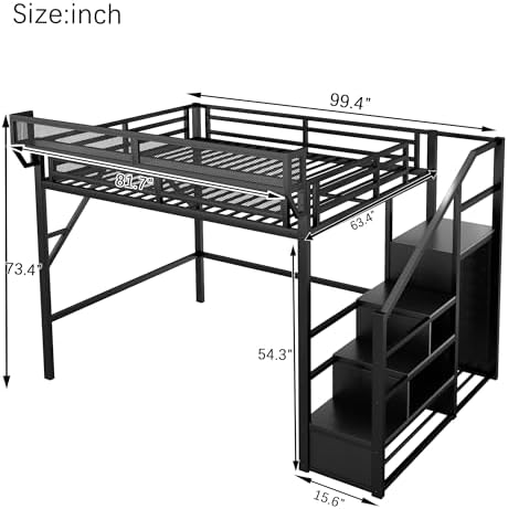 KEIKI Queen Size Metal Loft Bed Frame with Convertible Staircase, Built-in Storage Shelves and Wardrobe, Loft Bed with Solid Slats, Guardrail, No Box Spring Required, Easy Assembly, for Bedroom, Black