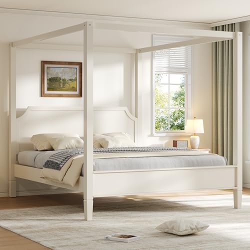 King Size Wood Canopy Bed Frame, White Vintage Four-Posters Platform Bed Frames with Headboard, 10-Slat Support Wooden Post Beds, 8" Under Bed Storage, Easy Assembly (Creamy White, King, 77"H)