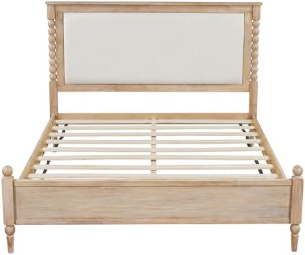 Merax Queen Size Solid Wood Platform Bed Frame, Upholstered Headboard & Classic Spindle & with Fabric Panel, No Box Spring Needed, 500 lbs Capacity Timeless Traditional for Bedroom, Natural
