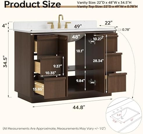 48" Fully Assembled Bathroom Vanity with Sink, Dark Brown | Solid Wood Frame Vanity with Engineered Stone Top & Backsplash, Ceramic Sink, 6 Full-Extension Drawers & 2 Soft-Close Doors