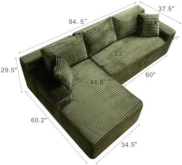 95" L-Shaped Left Facing Cloud Sectional Couch for Living Room, Modular Compressed Boneless Sectional Sofa Corduroy Boneless Corner Foam Sofa W/Chaise Lounge and Pillows