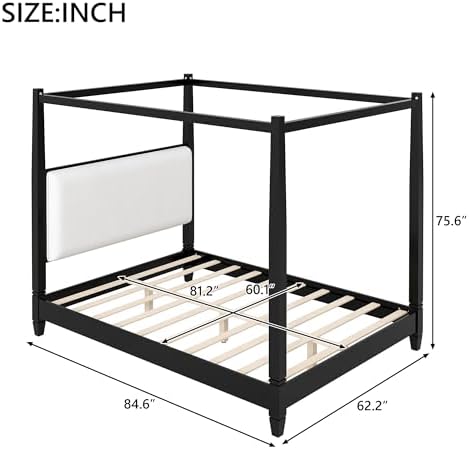 Queen Size Wood Canopy Bed Frame, Black Vintage Four-Posters Platform Bed
