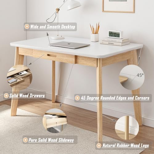 IOTXY Solid Wood Writing Desk - Home Office Laptop Computer Table, White