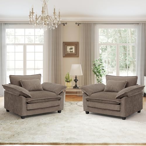 Modern Oversized Accent Chairs Set of 2,Chenille Cloud Sofa Chair with Deep Seat,Upholstered Armchair with Extra Thick,Comfy accent chairs Reading Chairs for Living Room Bedroom Apartment BROWN