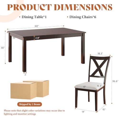 AMERLIFE 7-Piece Farmhouse Dining Table Set for 6, 60'' Table and 6 Chairs