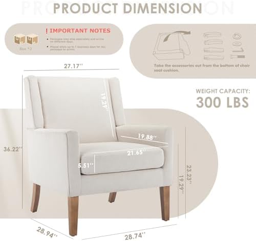 COLAMY Modern Wingback Living Room Chair Set of 2, Upholstered Fabric Accent Armchair, Single Sofa Chair with Lounge Seat and Wood Legs for Bedroom/Office/Reading Spaces, Beige