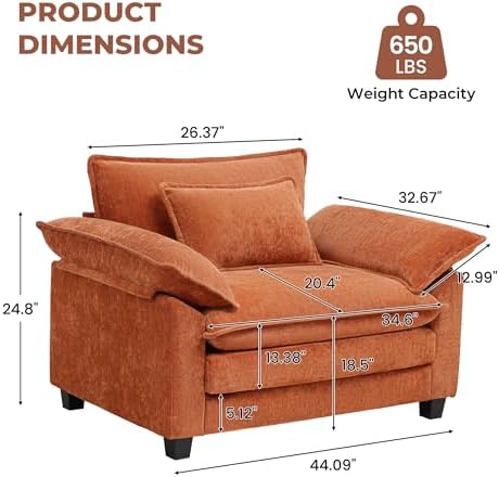 Oversized Accent Chairs Set of 2,44"Modern Living Room Chairs,Chenille Upholstered Cloud Sofa Chair Armchair with Extra Thick,Comfy Accent Chair Reading Chairs for Bedroom Apartment Terracotta Orange