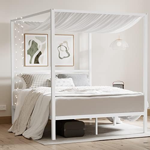 ikalido Full Size Metal Canopy Bed Frame, Heavy-Duty Support, White