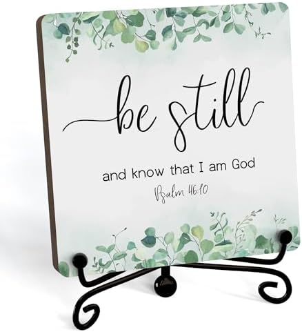 Inspirational Christian Desk Decor, Be Still And Know That I Am God Eucalyptus Sign, Desk Decorations For Office Home Living Room Bathroom, Eucalyptus Shelf Decor, Wooden Plaque With Stand (07)