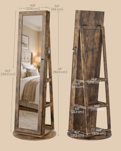 SONGMICS HOME Standing Jewelry Cabinet, Full Length Mirror with Storage | Swivel Jewelry Armoire, Lockable Rotating Organizer, Rear Storage Shelves, Bedroom Organization, Rustic Brown UJJC006X01SH