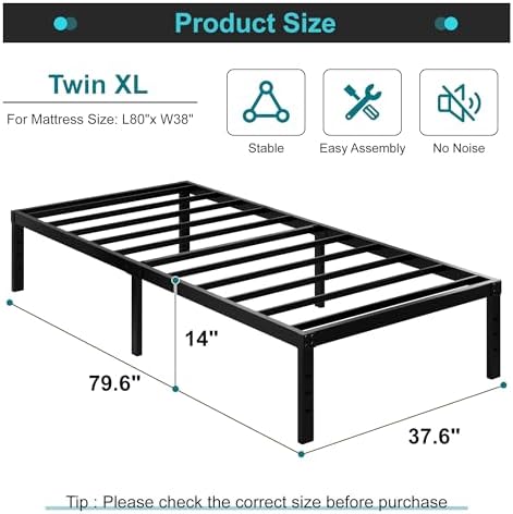 Maenizi Twin XL Bed Frames No Box Spring Needed, 14 Inch Heavy Duty Metal Twin XL Platform Bed Frame Support Up to 2500 lbs, Easy Assembly, Noise Free, Black