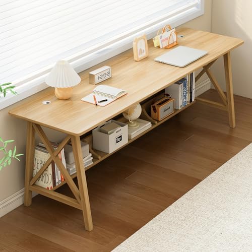 NELYE Extra Long Writing Desk with Bookshelf, 71" Wx20 Dx30 H, Oak