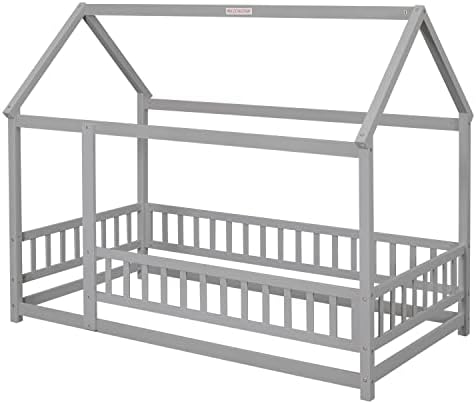 PVWIIK Twin Size Montessori Floor Bed with Roof & Fence Guardrails for Boys Girls Bedroom,Twin Size Floor Wooden Bed Frame,Easy Assemble,No Box Spring Needed, Gray