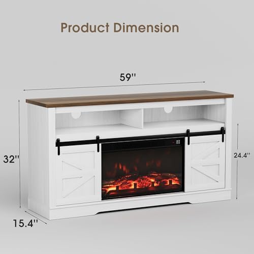 JUMMICO Fireplace TV Stand for 65 Inch TV with 26'' Fireplace(Milk White)
