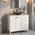 32" White Bathroom Vanity with Marble Texture Top and 4 Drawers, Modern Standing Pedestal Cabinet with Brown Leaf Glass Vessel Sink