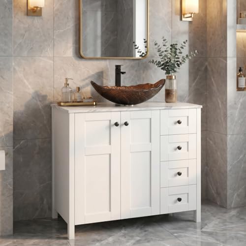 32" White Bathroom Vanity with Marble Texture Top and 4 Drawers, Modern Standing Pedestal Cabinet with Brown Leaf Glass Vessel Sink