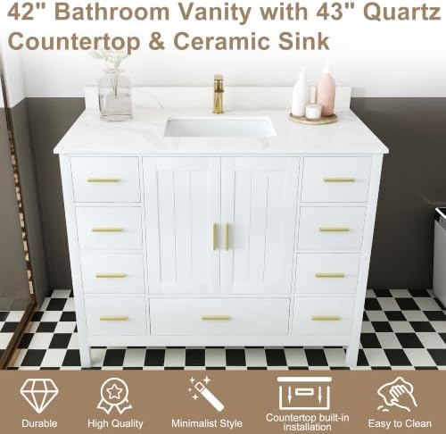 Montary 42" Bathroom Vanity with Sink & 43" Carrara Quartz Top | with 1 Pre-Drilled Faucet Holes, Solid Wood Cabinet, Soft-Close Double Doors & 9 Smooth-Glide Drawers,White