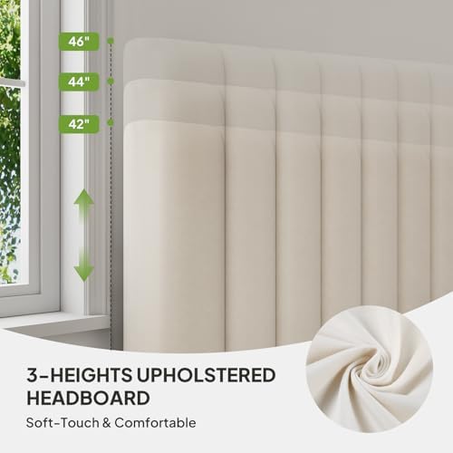 Welzona Full Upholstered Bed Frame with Headboard, Velvet Upholstered Metal Platform Bed with Vertical Channel Tufted Headboard, 3-Level Height, Metal Slat Support, Noise-Free Easy Assembly, White