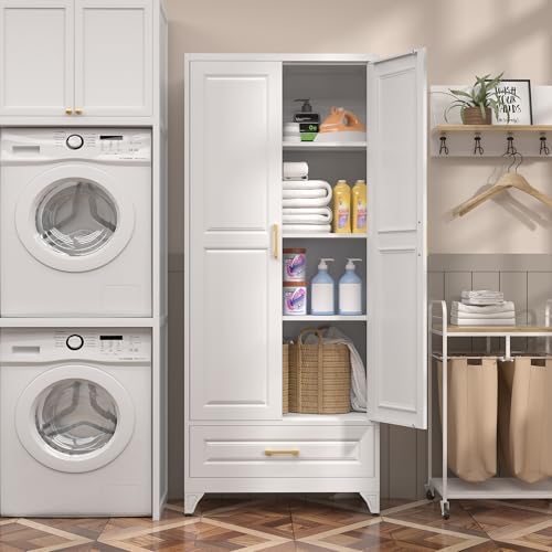 SteeLoong 75" Metal Storage Cabinet with Doors and 3 Adjustable Shelves | Kitchen Pantry Cabinet with Drawer,White Kitchen Cabinet with 2 Gold Handles,Food Cupboard for Livingroom,Pantry, Bathroom